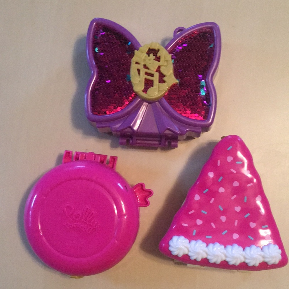 Polly pocket compact playsets (set of 3) cake slice butterfly flamingo pink